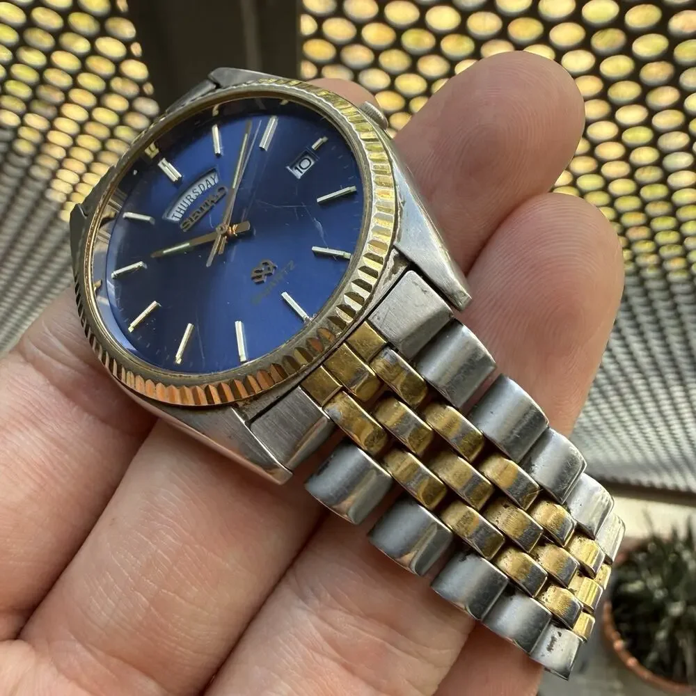 Vintage Seiko SQ President Fluted Bezel Watch 36mm Blue Dial Two Tone Daydate